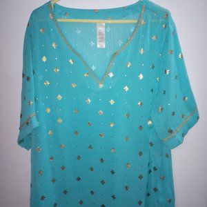 Size 2XL Gauzy Blue Blue Top With Gold Accents, Dramatic Look in Flowing Beauty
